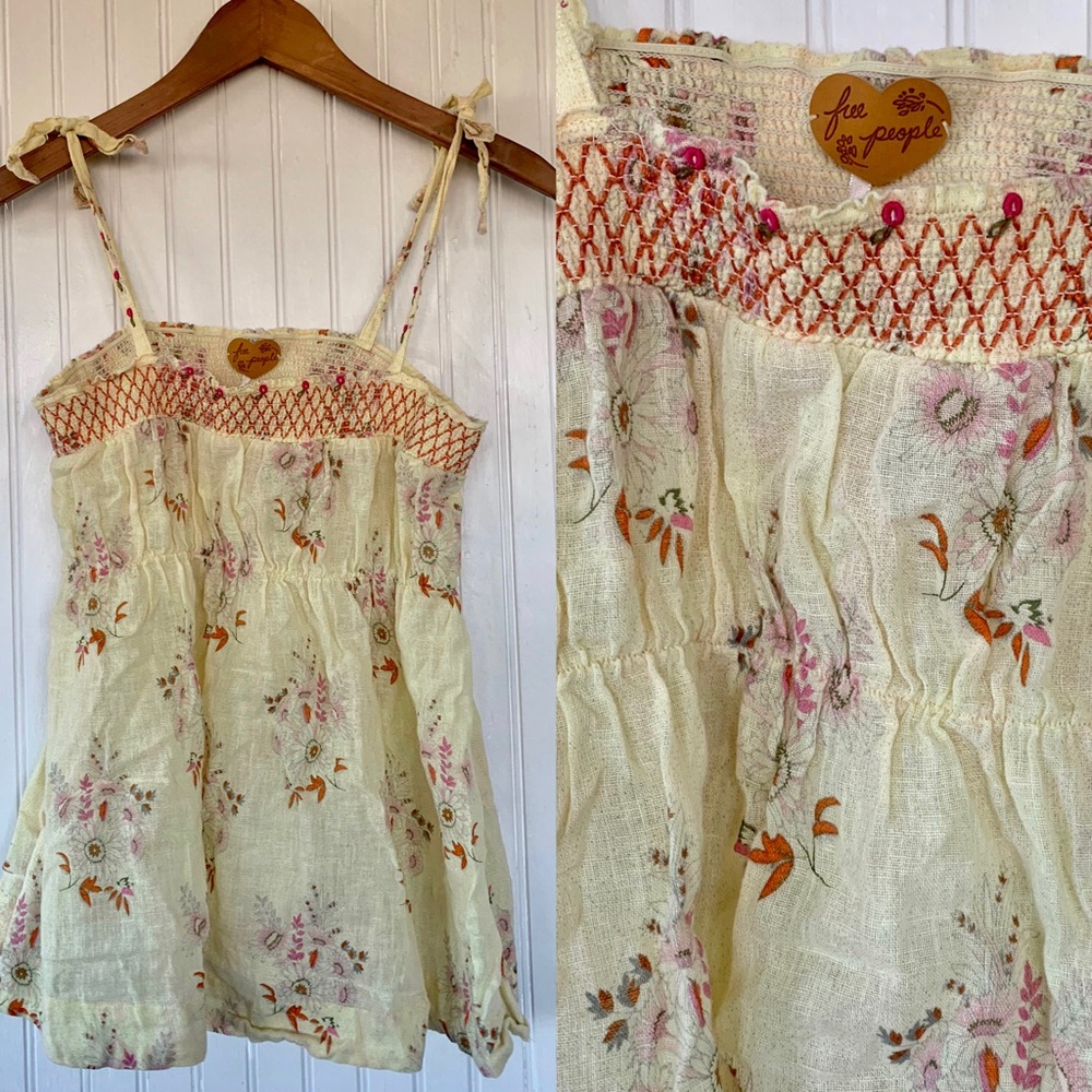 Free People Boho Pastel Butter Yellow Floral Tie Tank Top